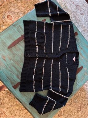 PS Love Size M/L Black Knit Button-Front Cardigan with Contrast Stripe Cropped